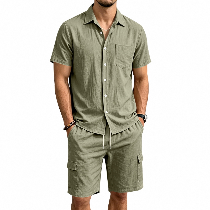 Short Linen Drawstring - Мужской летний американский льняной комплект из